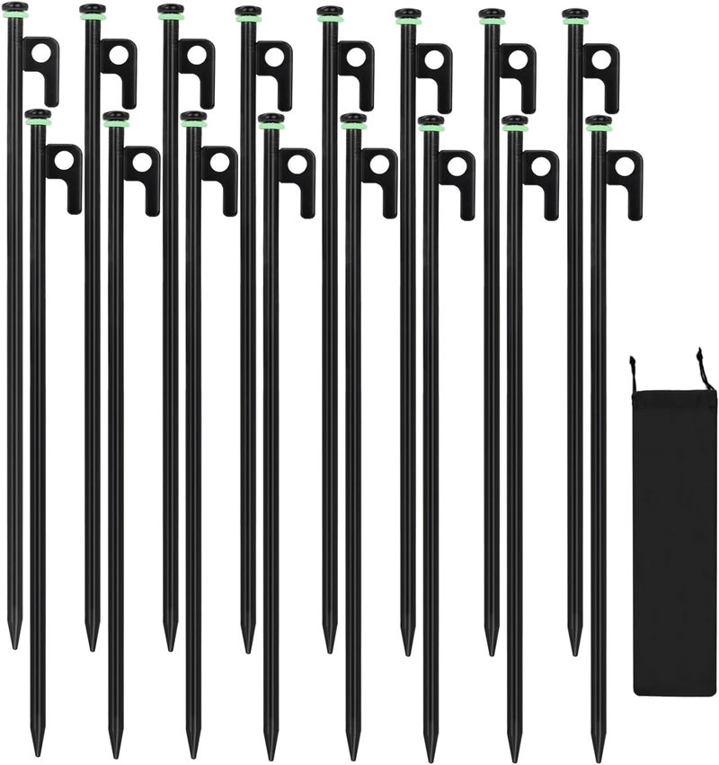 HOLANHING 16Pcs Tent Stakes, 16in Heavy Duty Tent Stakes with Storage Pouch, Dia 0.35" Forged Steel Stakes for Tent Used on Rocks, Grassland, Snowfield(16Pcs 16in Stakes) - Image 1